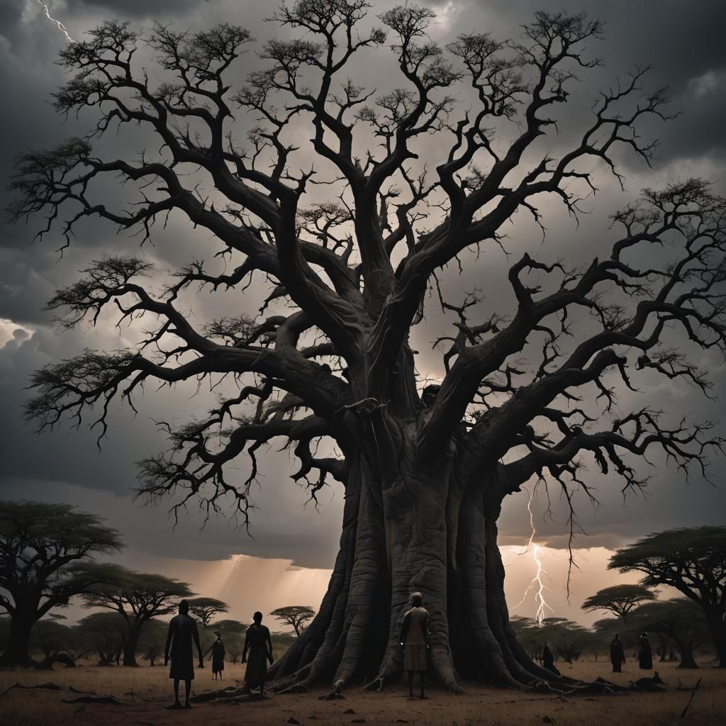 Ominous Meeting Under Baobab Tree in Expressionist Style