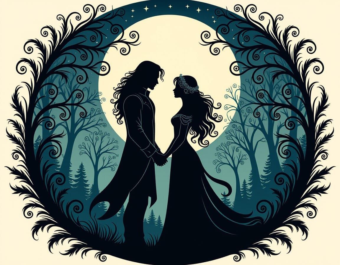 Romantic Silhouette of Couple Under Moonlit Sky