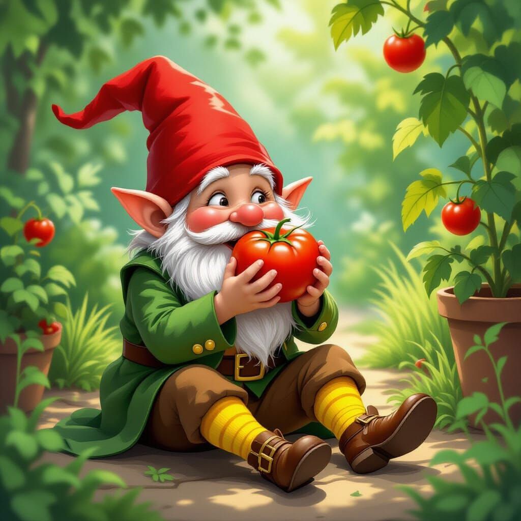 Gnome Eating Tomato in Garden, Whimsical Fantasy Art