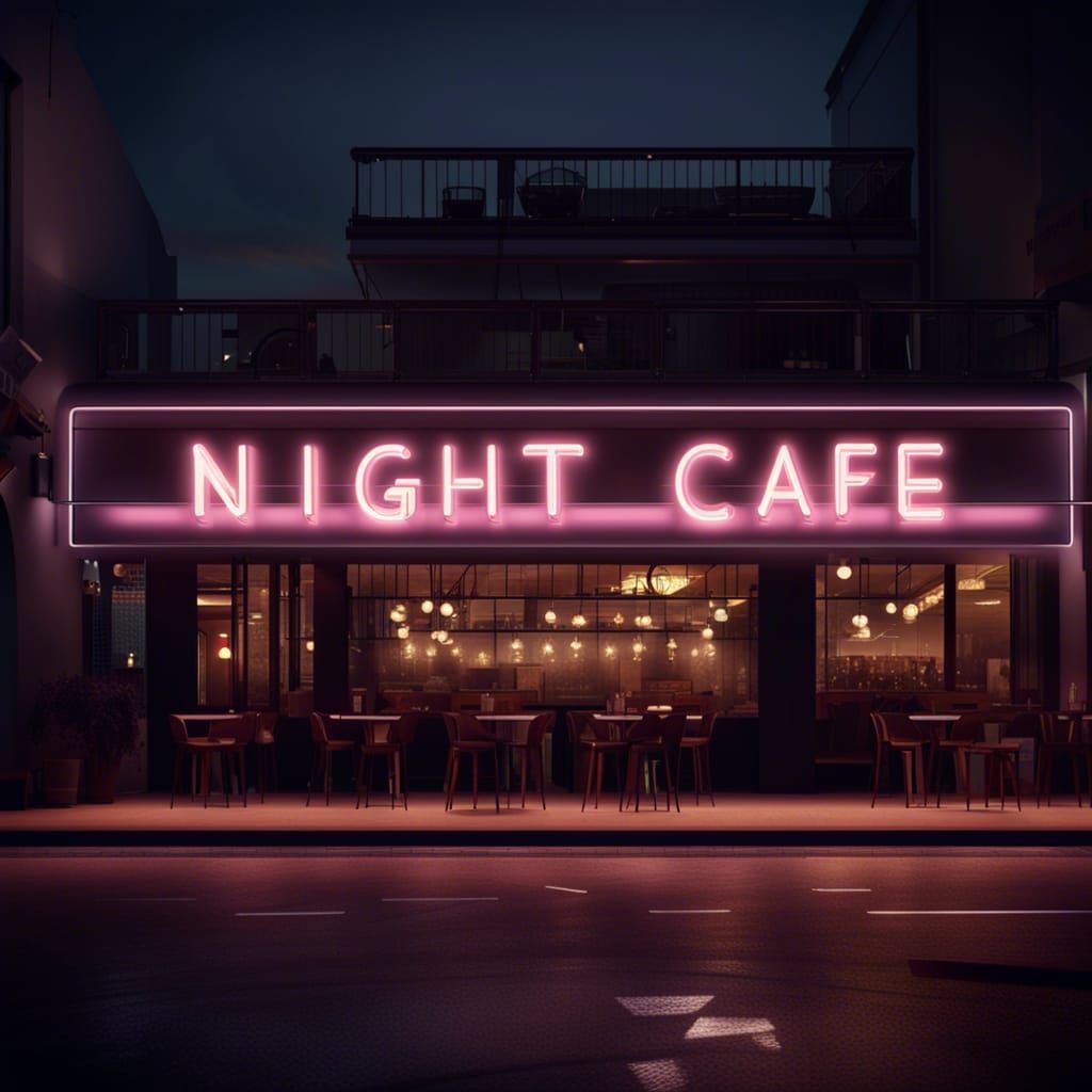 Night Cafe with Neon Sign and Outdoor Dining