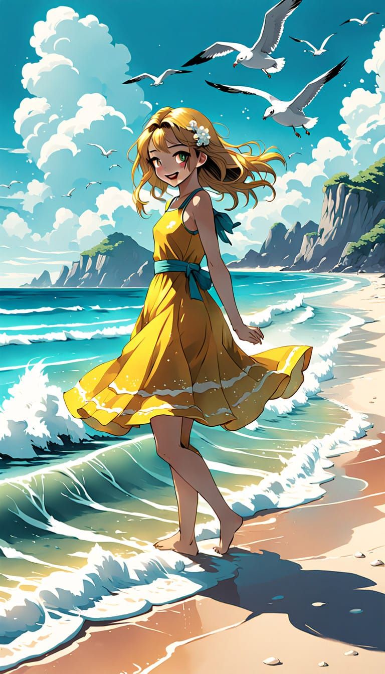 Cheerful Girl Basks in Summer Beach Bliss