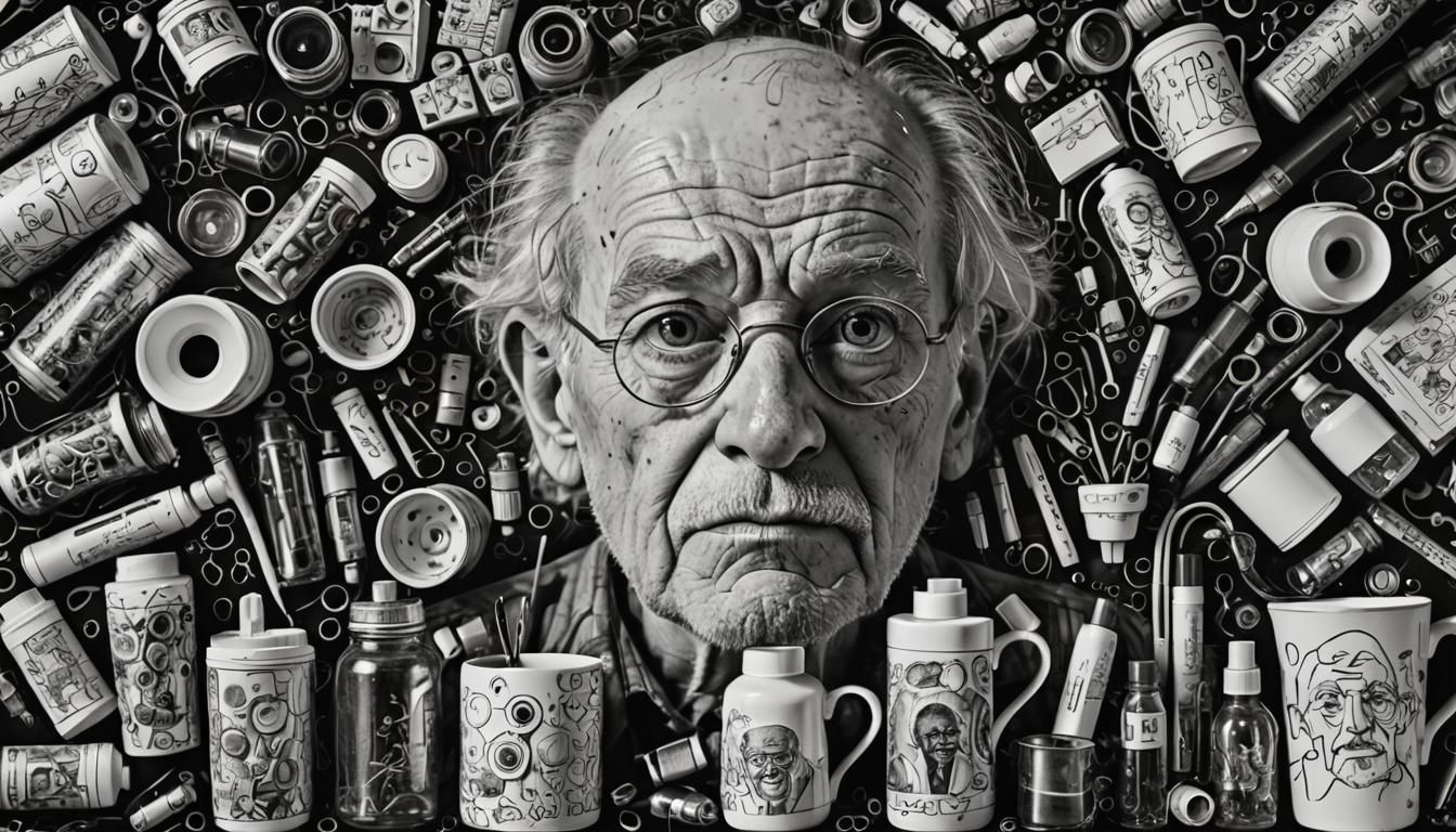 The face of an old man comprised of doodles, designs, household objects, circuitry, laboratory equipment, toys, tools, p...