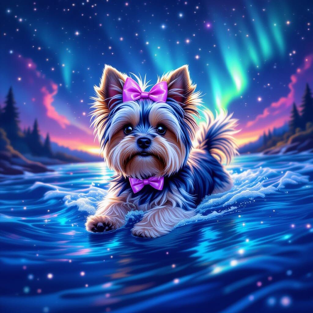 Celestial Yorkie Swims Through Starry Nebula