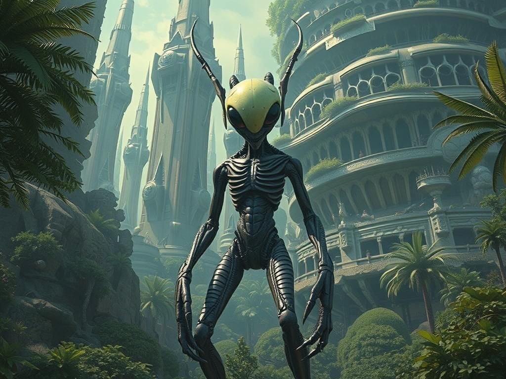 A humanoid insect Alien, The background is it's home world t...