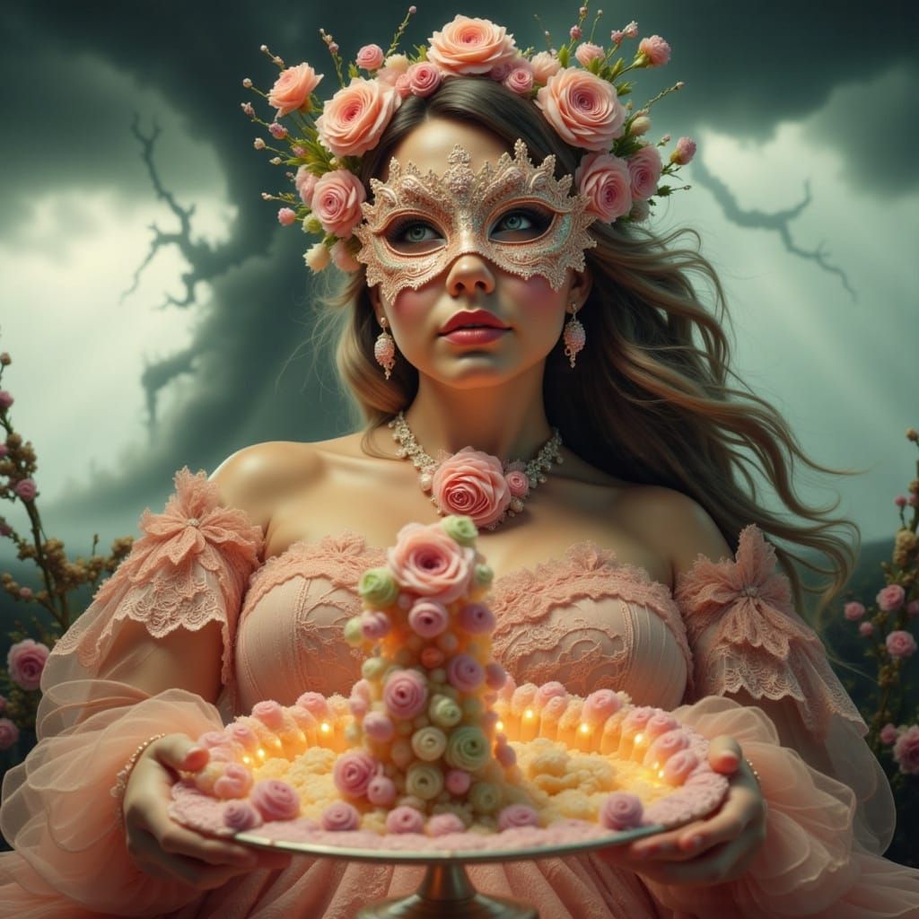 Plus-Size Birthday Goddess in Hyperrealistic Storm