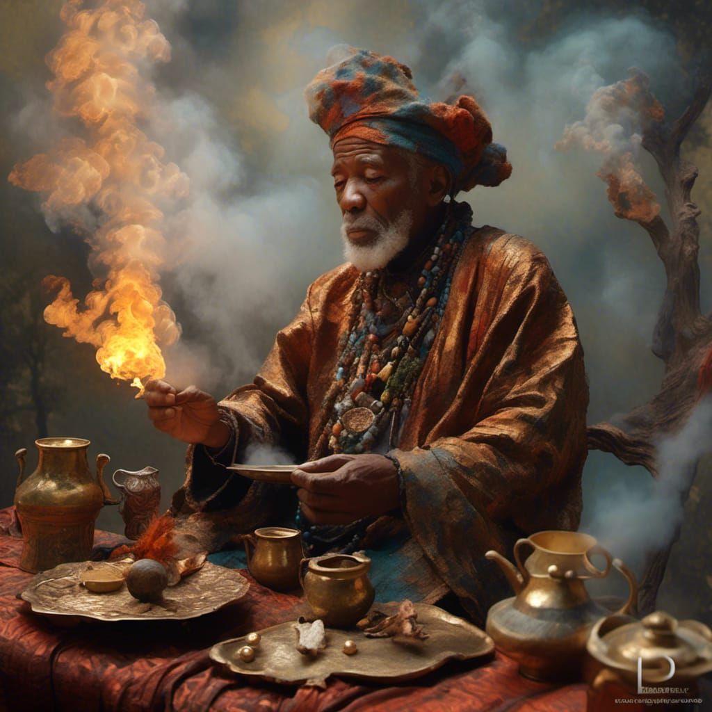 Shaman and Healer Gazing at Fire Smoke