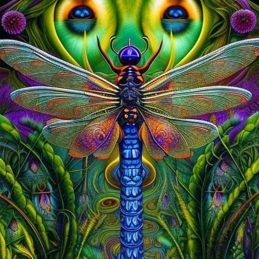 Dragonflies on Cattails: Psychedelic Visionary Art