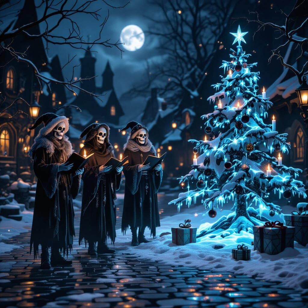 Undead Carolers Beneath Ghostly Tree in Gothic Village