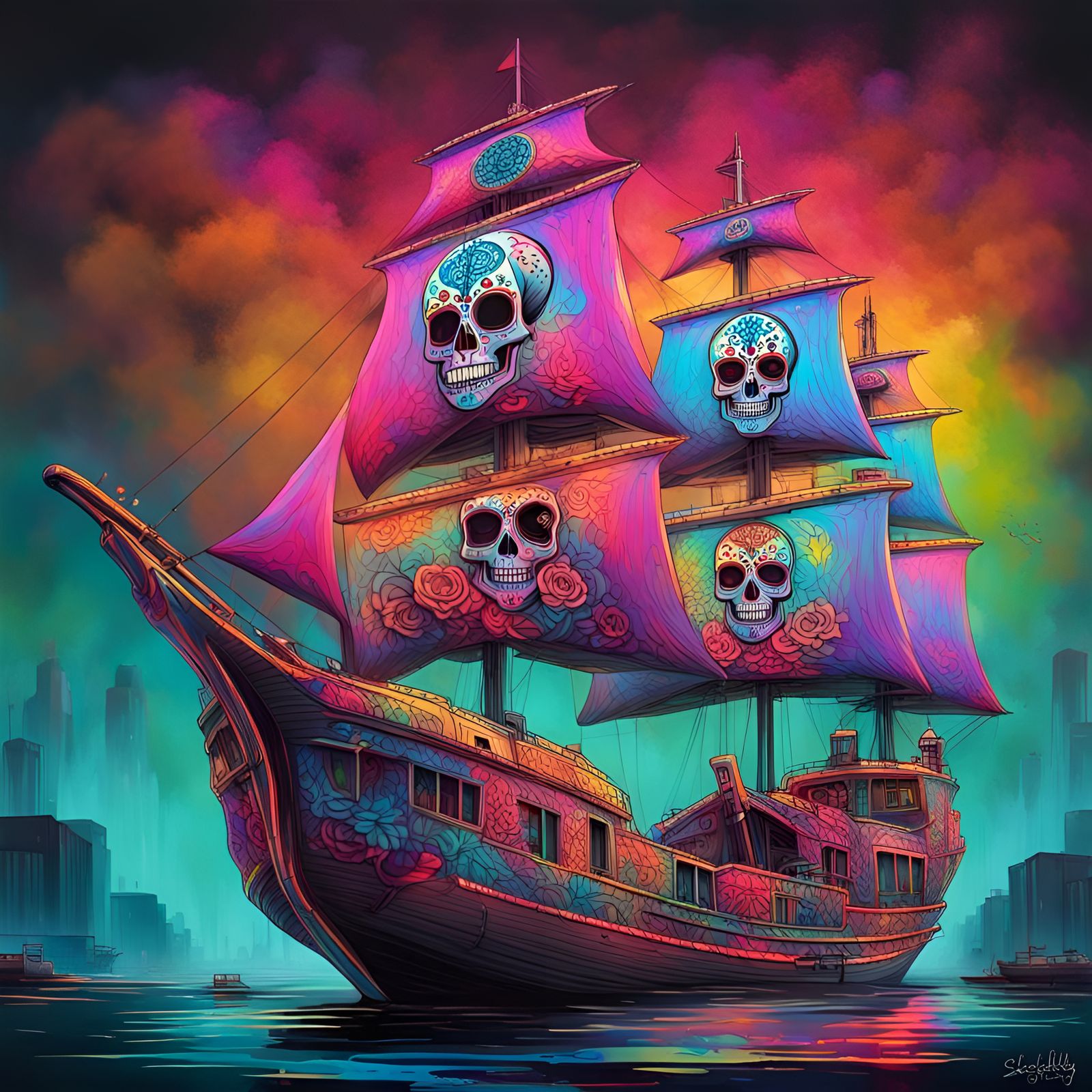Day of the Dead Ship in Graffiti Art Style