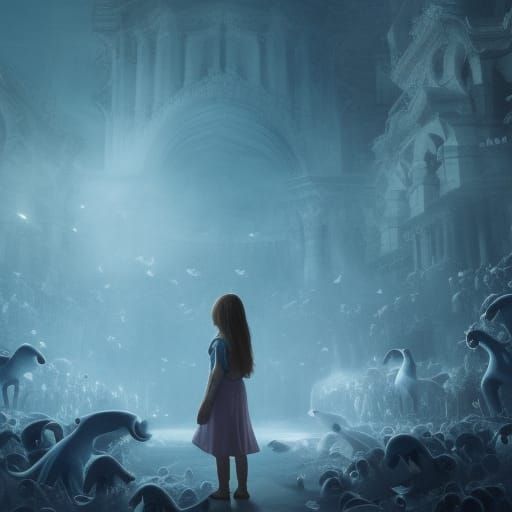 Girl Surrounded by Friendly Blue Ghosts