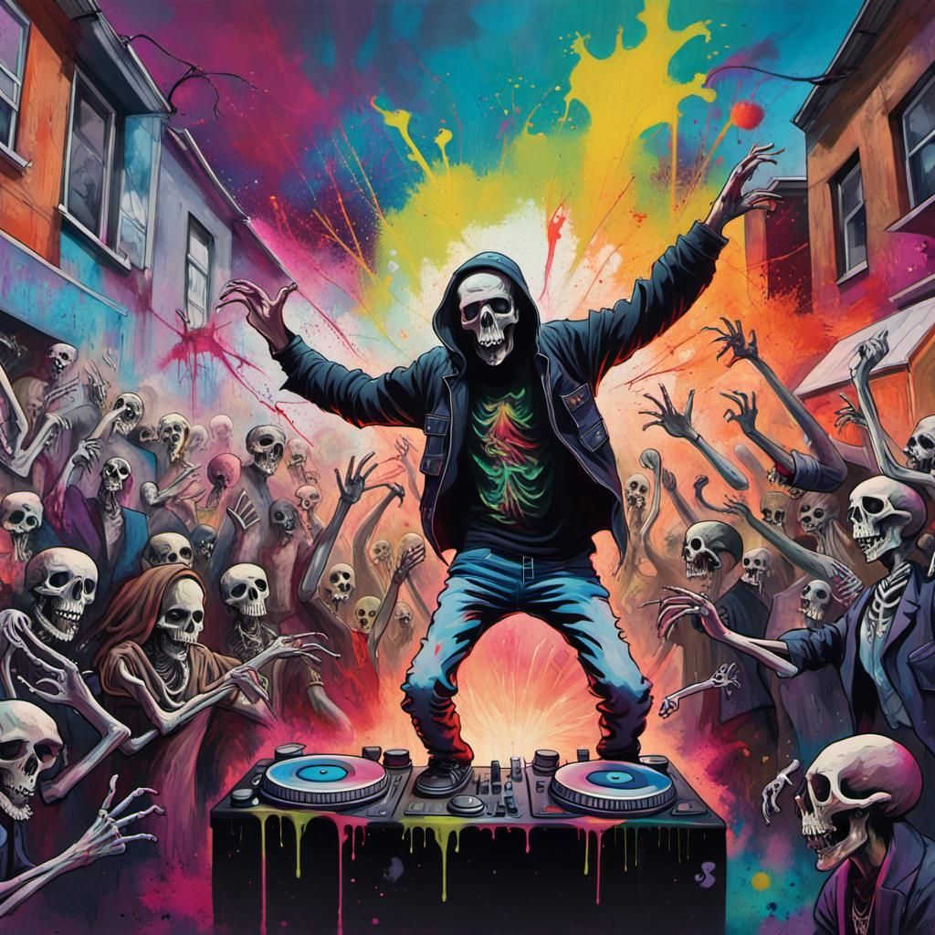 Necromancer DJ Performs for Undead, in Splash Art Style
