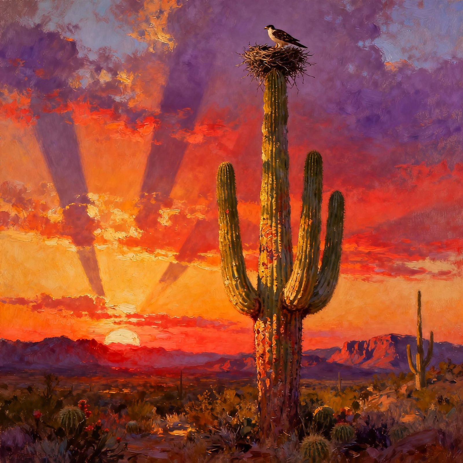Hawks Nest on Cactus at Sunset in Painterly Realism