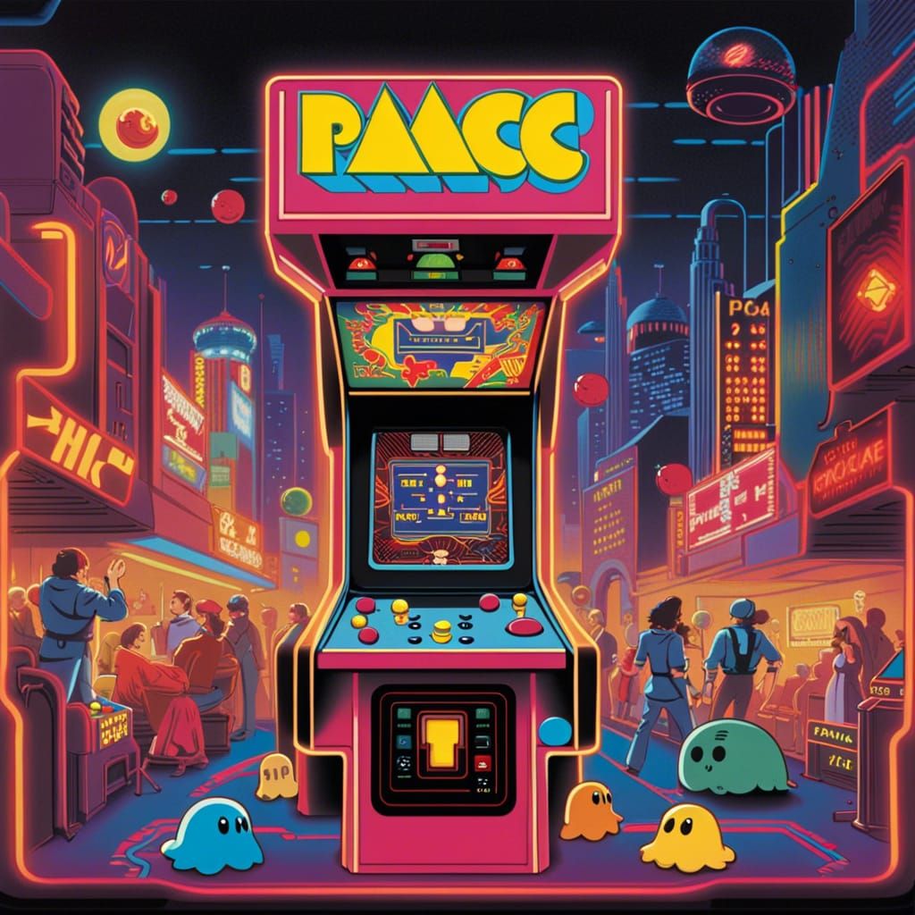 Bustling 80s Arcade Featuring Pac-Man Machine