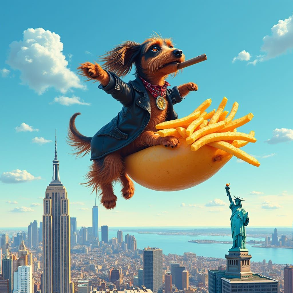 Cocker Spaniel Soaring Over NYC on French Fry