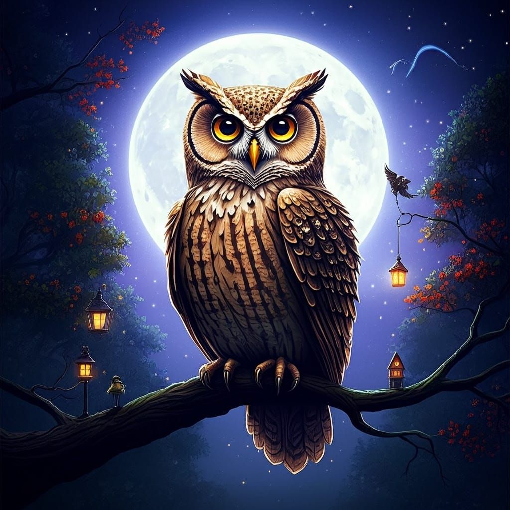 Whimsical ASCII Owl Perches on a Moonlit Branch