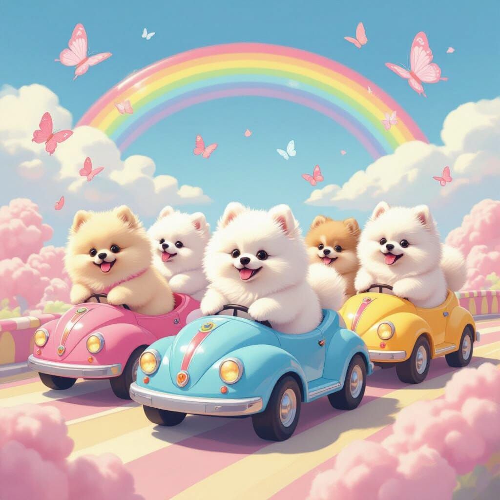 Pomeranians Joyfully Ride Bumper Cars in Candyland