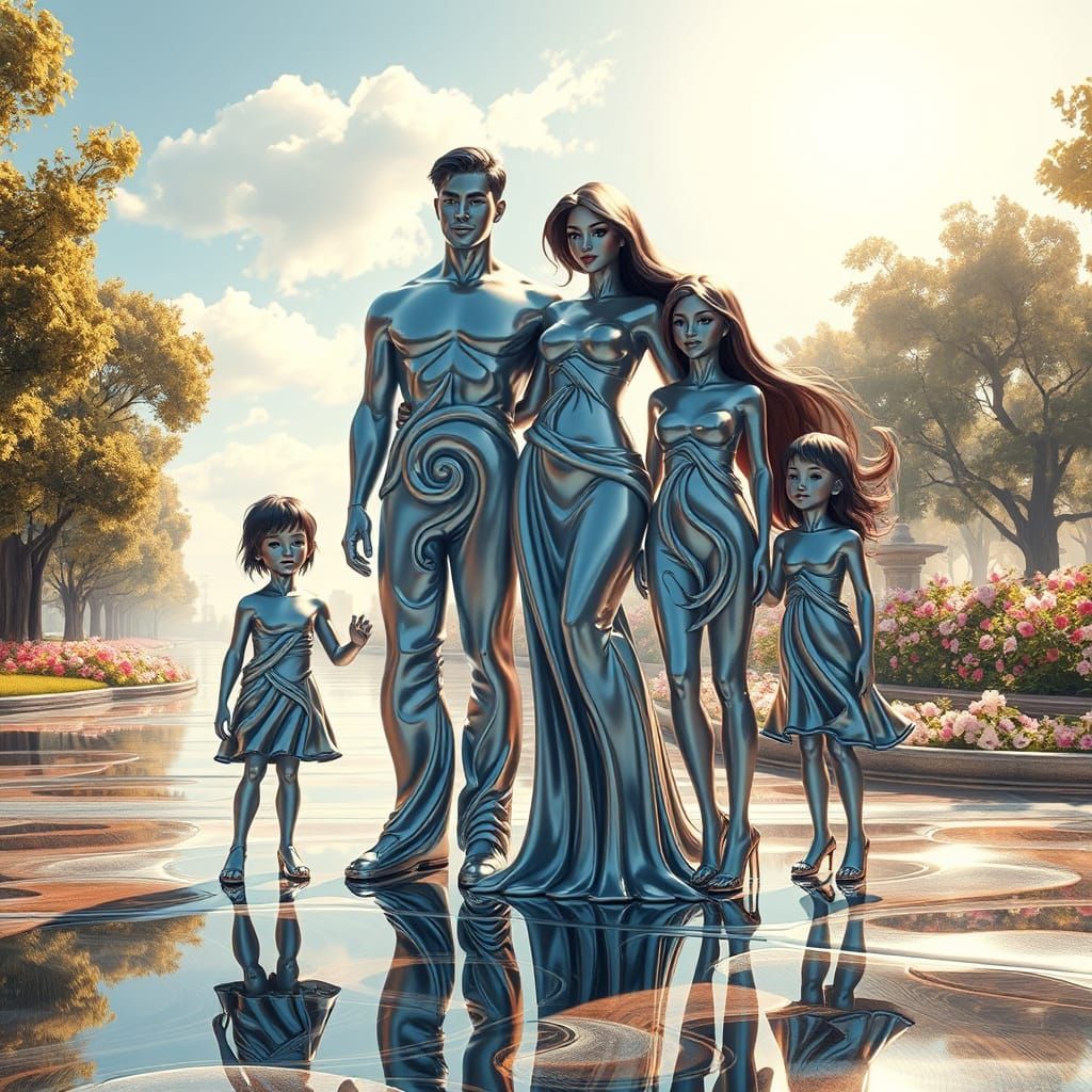 Liquid Metal Family on Chrome Surface as Oil Painting