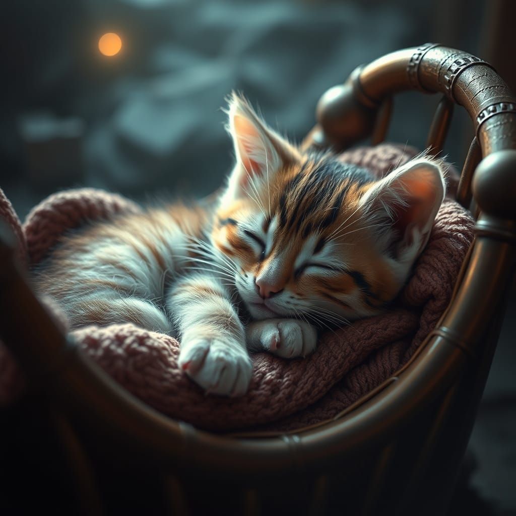 Cute Kitten Sleeping in Cradle: Digital Matte Painting