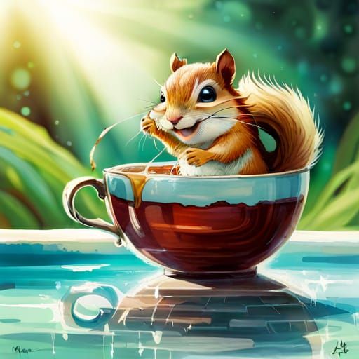 Chibi Chipmunk Relaxing with Coffee in a Pool