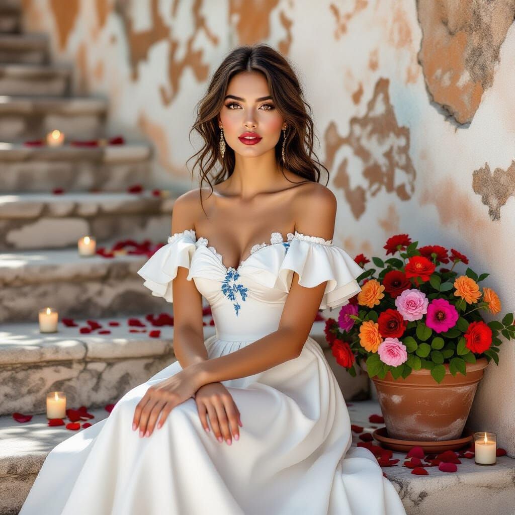 Elegant Woman in White Dress with Floral Details