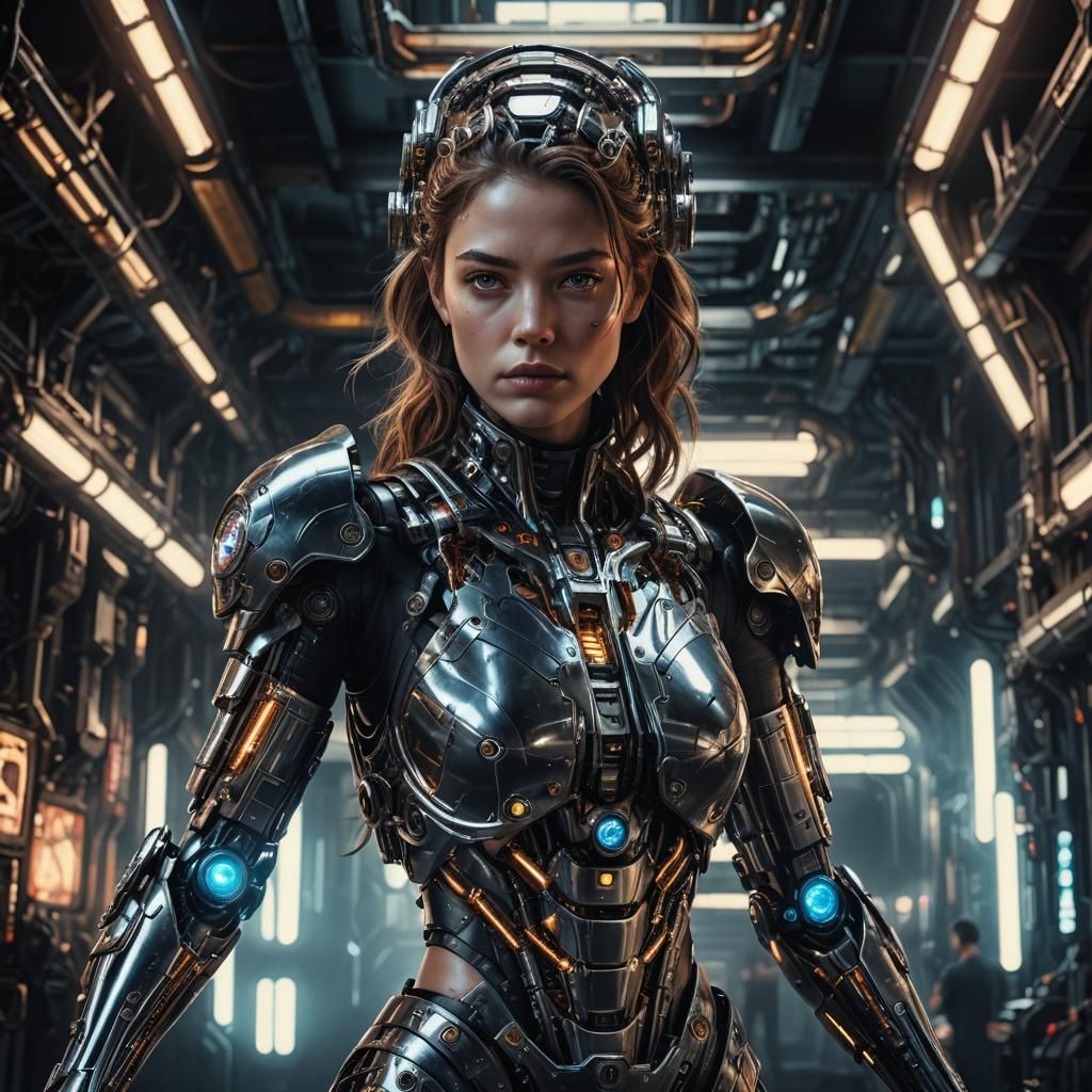 Graceful Cyborg Woman in Dark Sci-Fi Art