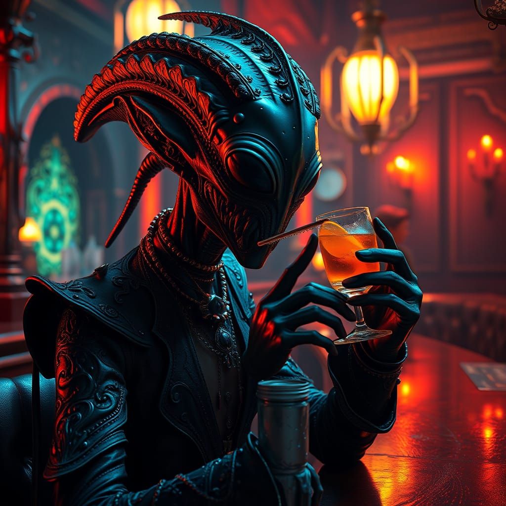 Gothic Alien Sipping Cocktail in Dimly Lit Bar