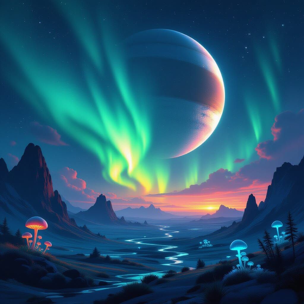Alien Sky Aurora with Gas Giant and Exotic Flora