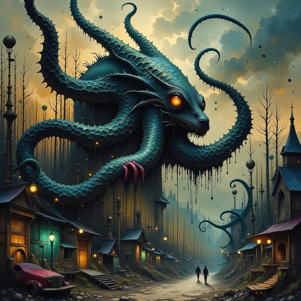 Mystical Octopi-Dragon Hybrid in Abandoned Carnival