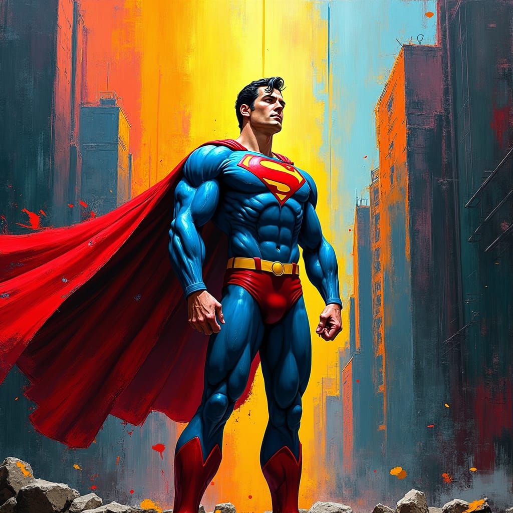 Superman in Basquiat-Inspired Neo-Expressionist Cityscape