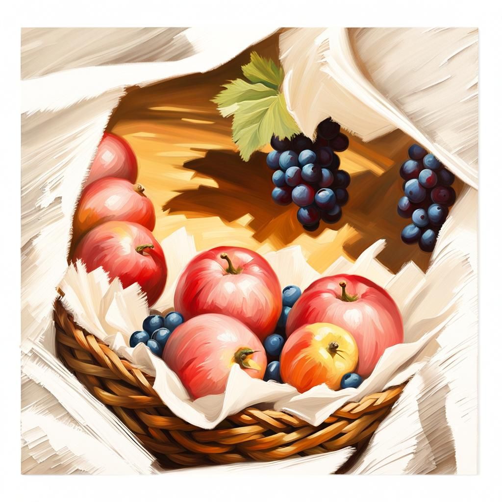 Fruit Basket Still Life in Impasto Oil Painting Style