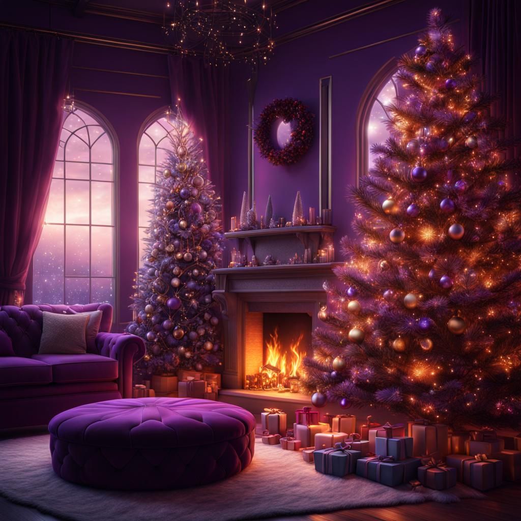 Christmas Tree by Fireplace Under Starry Sky