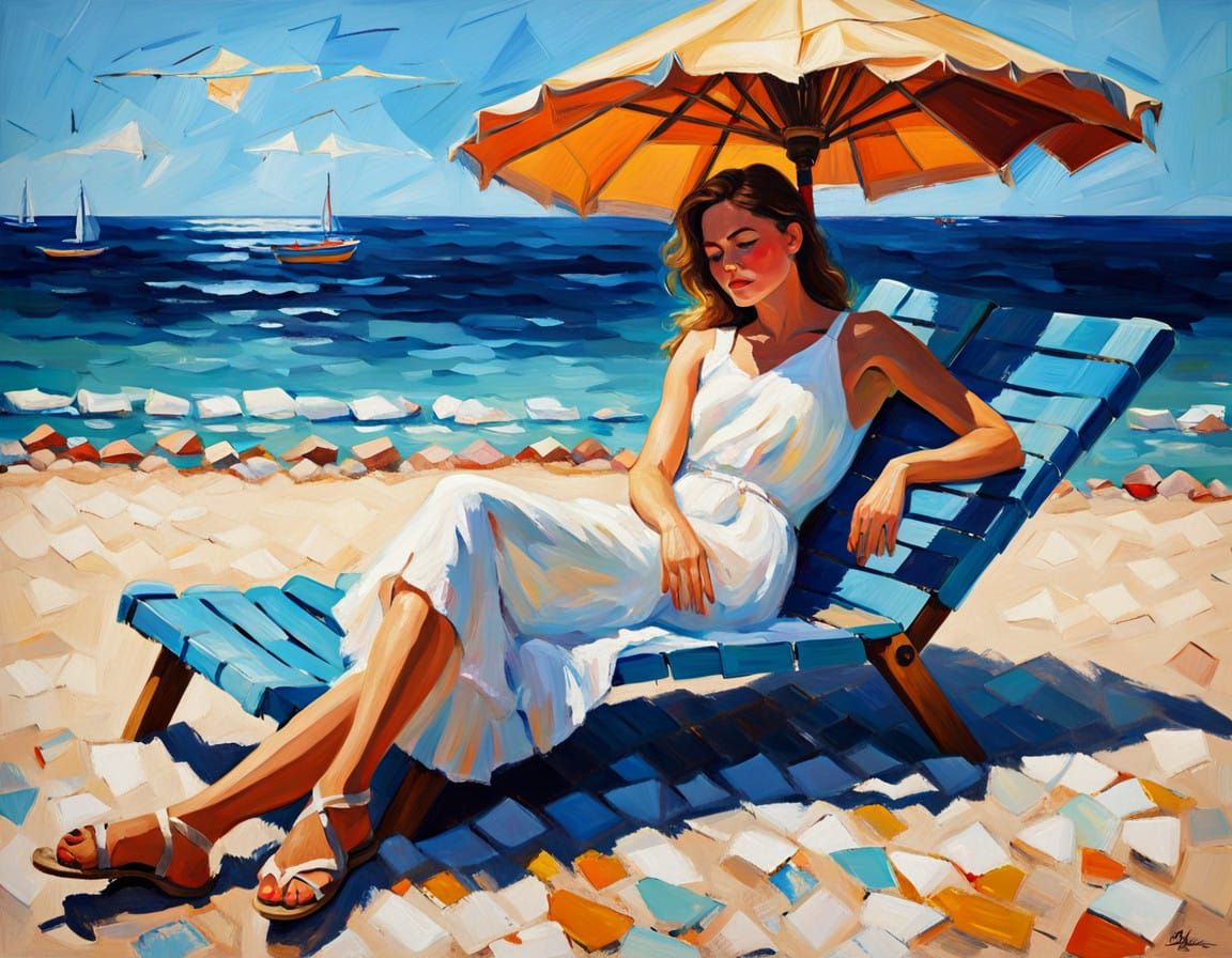 Sensual Woman in a Warm Summer Landscape, Painted in Vibrant...