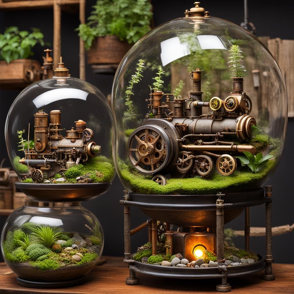 Steampunk Engine in Glass Terrarium