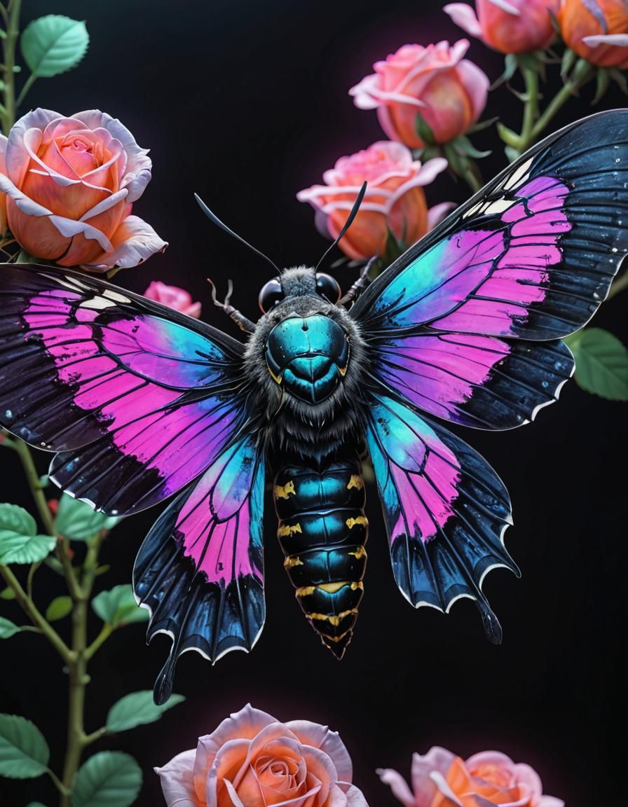 Holographic Moth with Roses in Watercolour Style