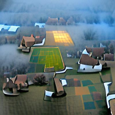 Fog-Shrouded Village Scene with Shadows