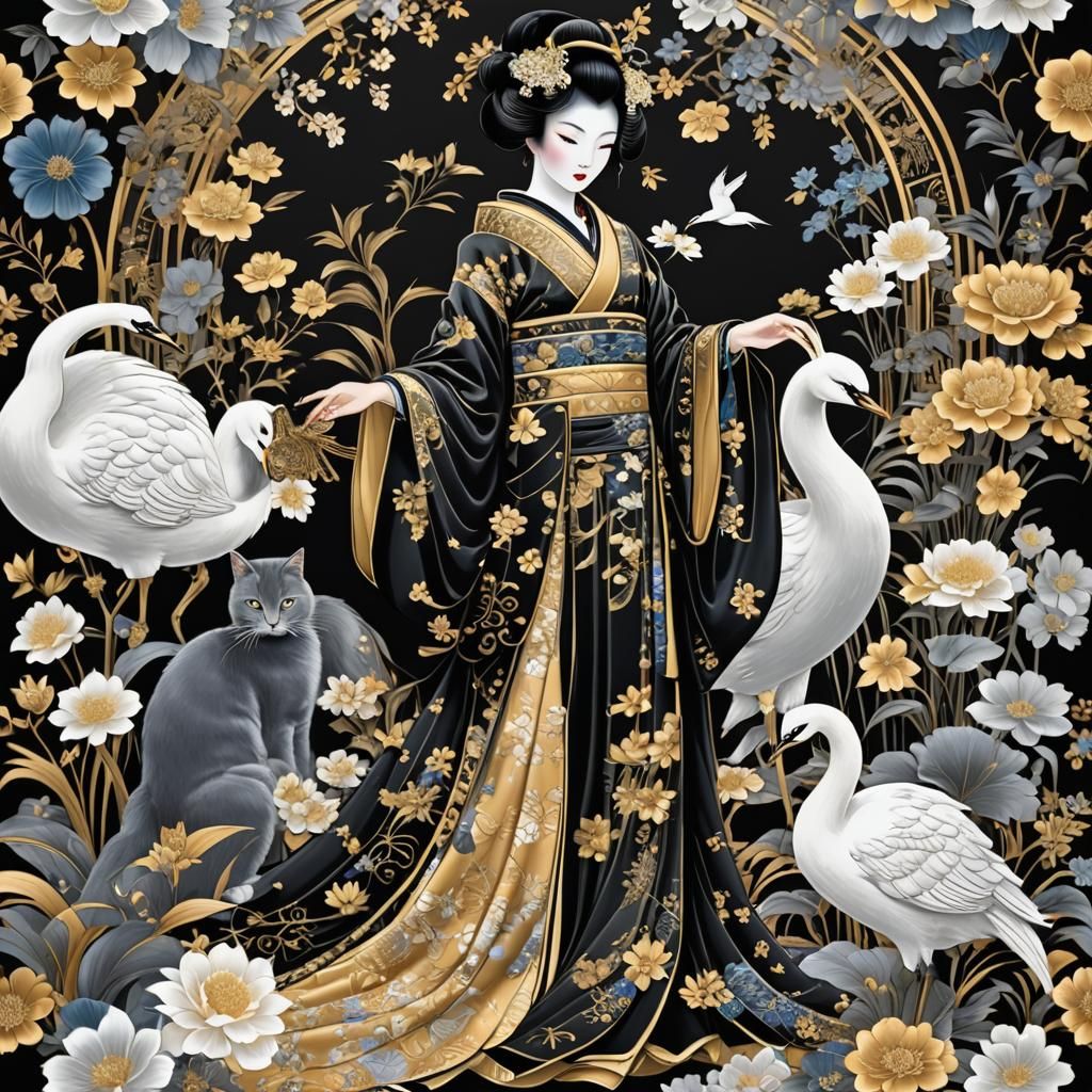 Art Deco Geisha with Cat in Magical Garden