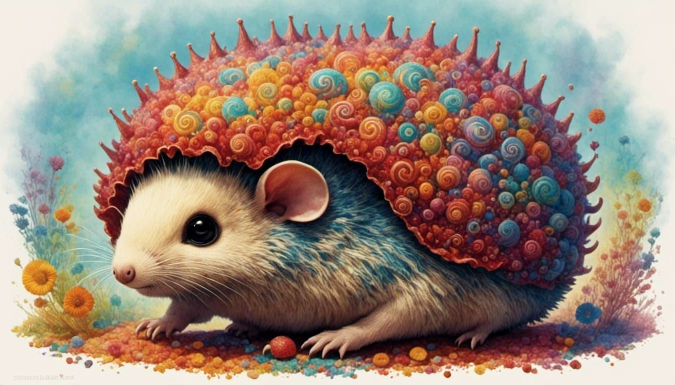 Cartoon Tie-Dye Hedgehog Drinking Tea