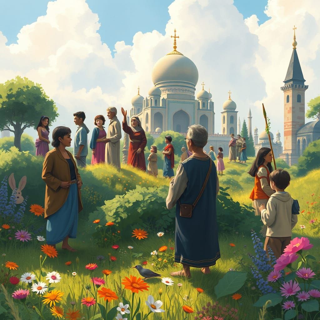 Utopian Landscape with Diverse People in Harmony