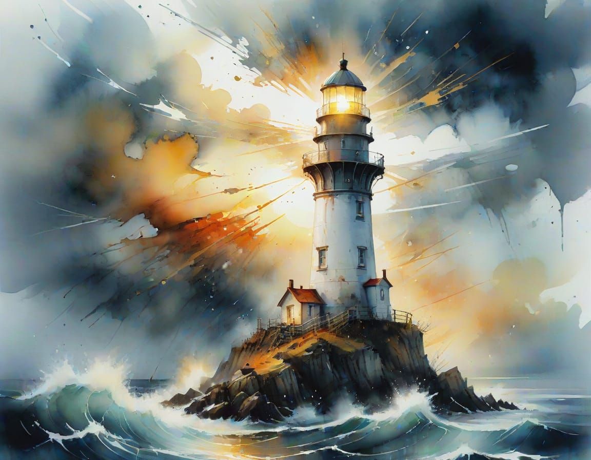 Lighthouse and Tribal Rocket in Surrealist Watercolor
