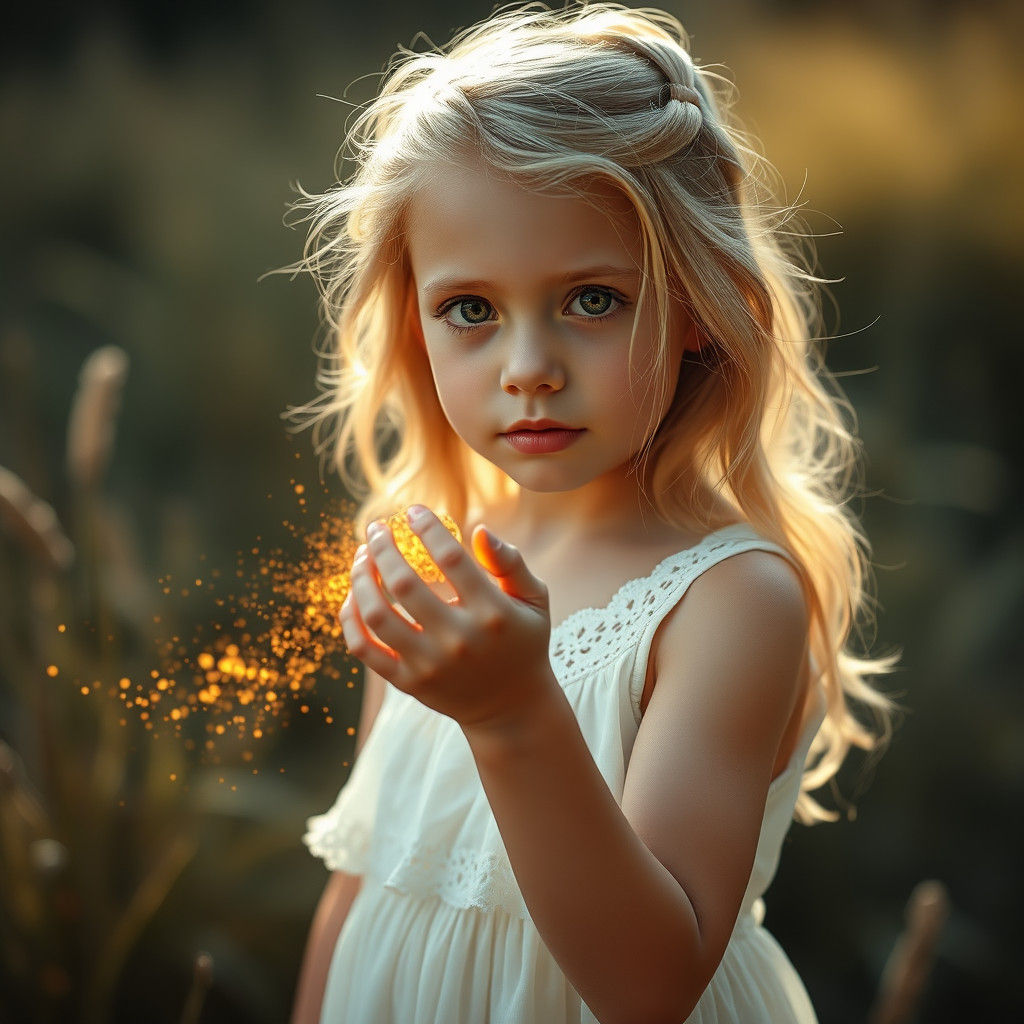 Enchanted Girl with Golden Rabbit in Dreamlike Setting