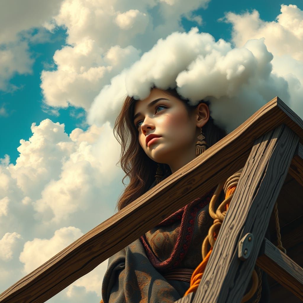 Woman in Clouds: Hyperrealistic Art Style