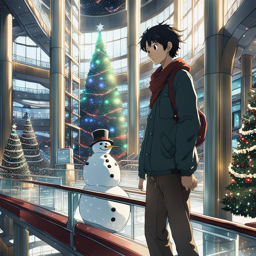 Festive Christmas Mall in Anime Style