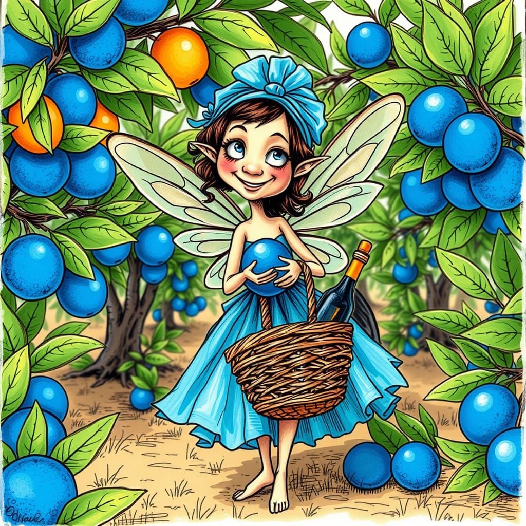 Whimsical Fairy Plucks Blue Oranges in Sun-Drenched Orchard