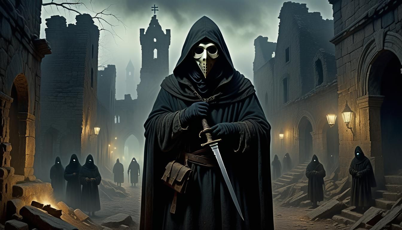 Dark Hooded Figure in Plague Mask Portrait
