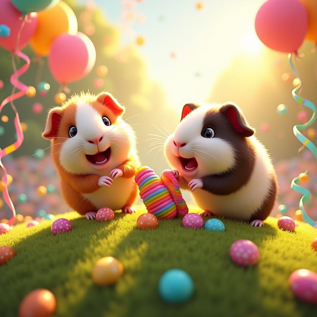 Guinea Pigs Party on a Hill in Pixar Style