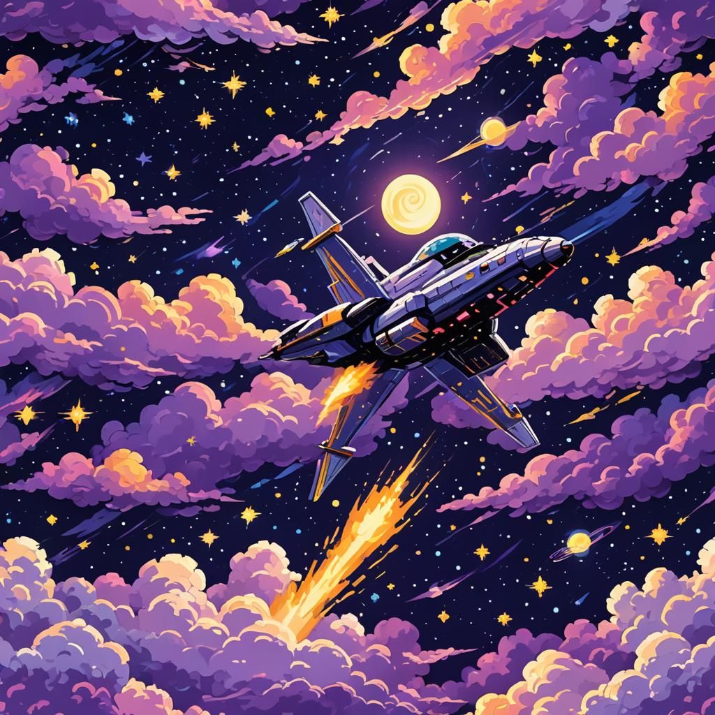 8-bit Spaceship in a Starry Pixel Art Sky