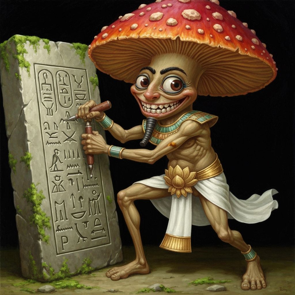 Mushroom Pharaoh Carving Hieroglyphs in Ancient Egypt