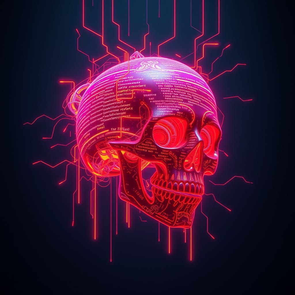 Cyberpunk Digital Skull Composed of Swirling Code