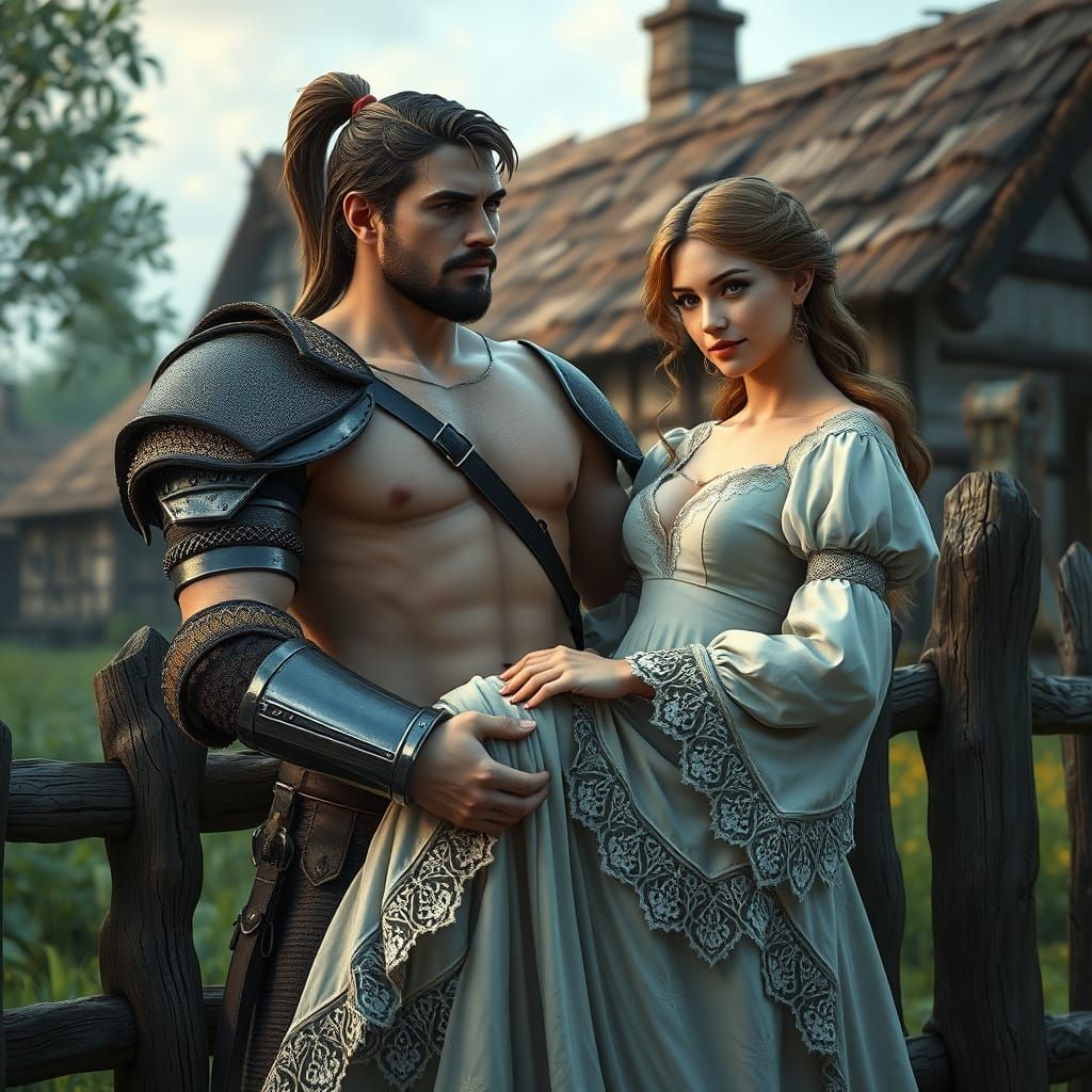 A strong, bare-chested knight in a medieval village, holding a graceful, young woman in a delicate, lace-trimmed dress. ...