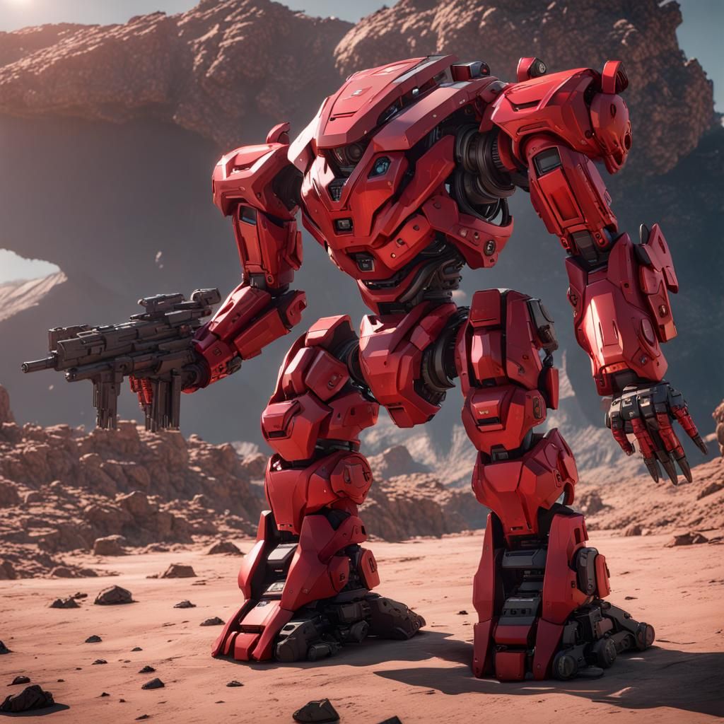 Giant Red Robot Mech on Alien World